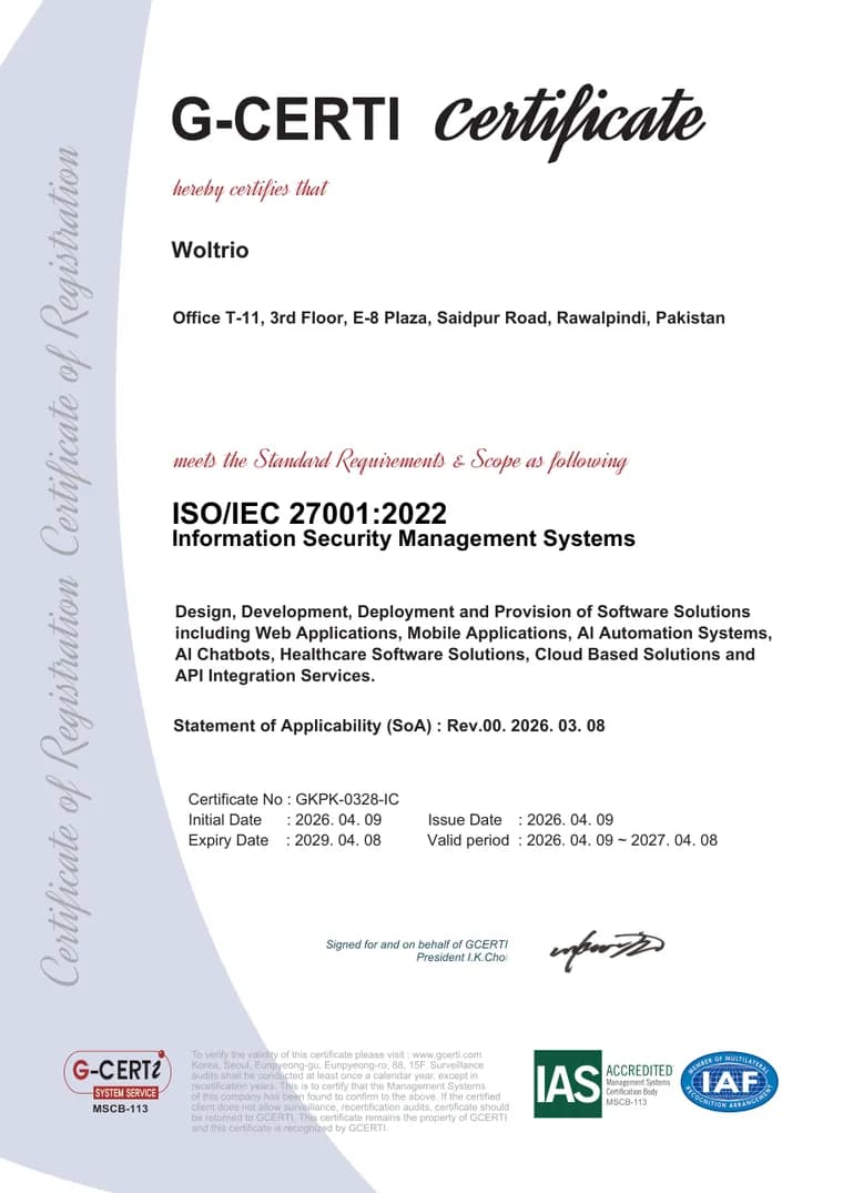 Woltrio's ISO/IEC 27001:2022 certificate issued by G-CERTI, certificate number GKPK-0328-IC
