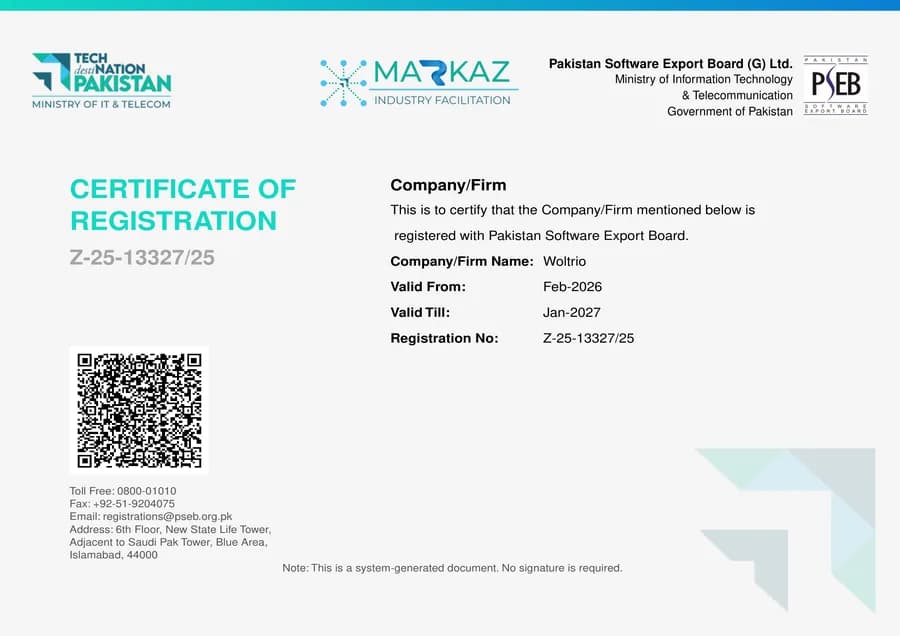 Woltrio's Pakistan Software Export Board certificate of registration, registration number Z-25-13327/25